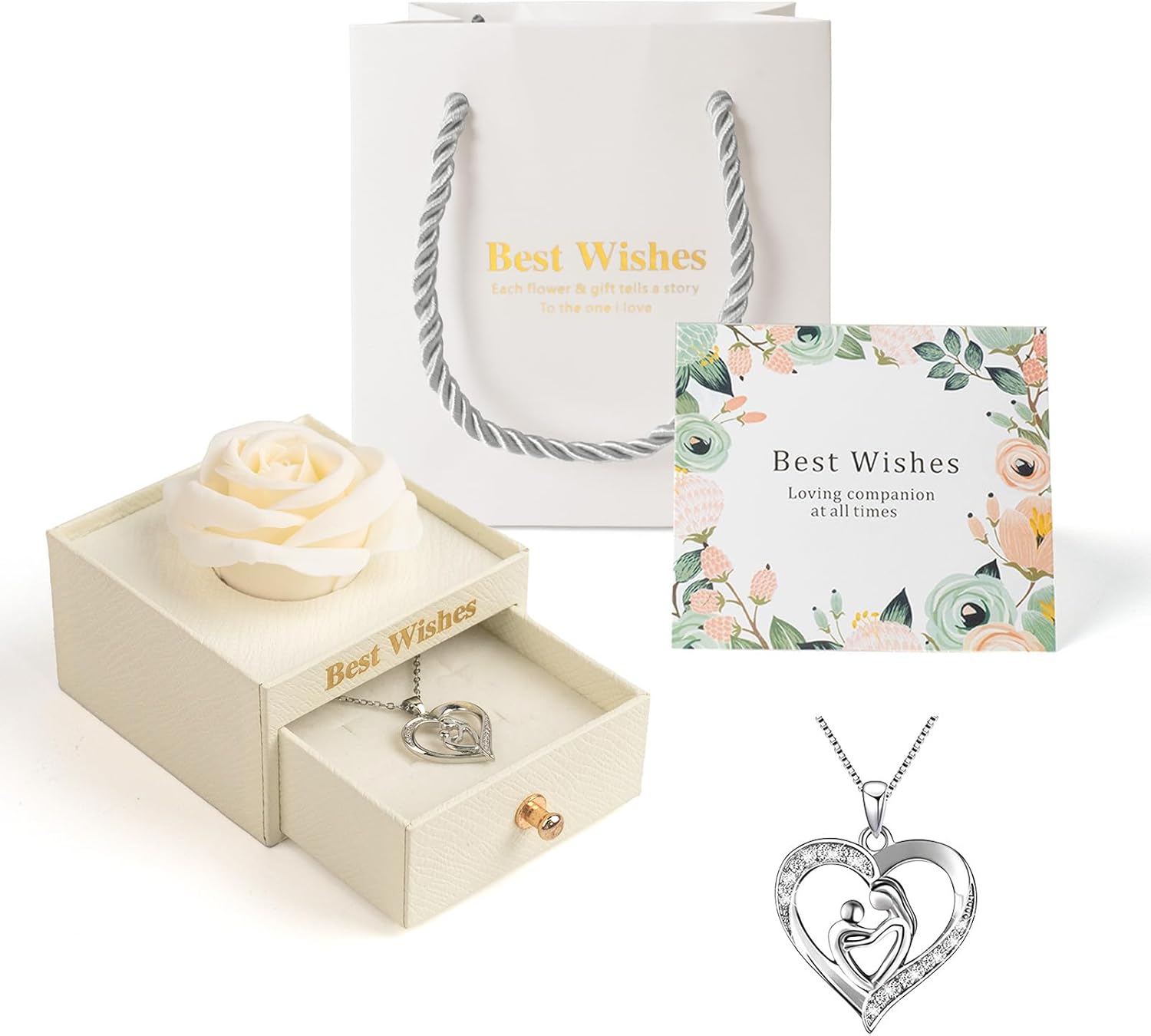 Preserved Rose, Artificial Flower Gift Box with Mother's Love, Heart Necklace for Mom, Acrylic Box Sets, Perfect Jewelry Box with Drawer for Mother's Day & Birthday Gift, Romantic Wedding Gift
