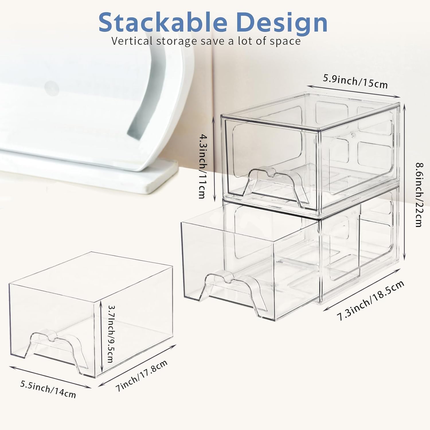 Private Label Plastic Drawers Storage, 4 Pack Clear Stackable Storage Drawers, Acrylic Storage Bins with Drawers for Fridge Organizers, Small PlasticDrawers Stackable for Makeup Organizers Cosmetic Display Custom Logo Service