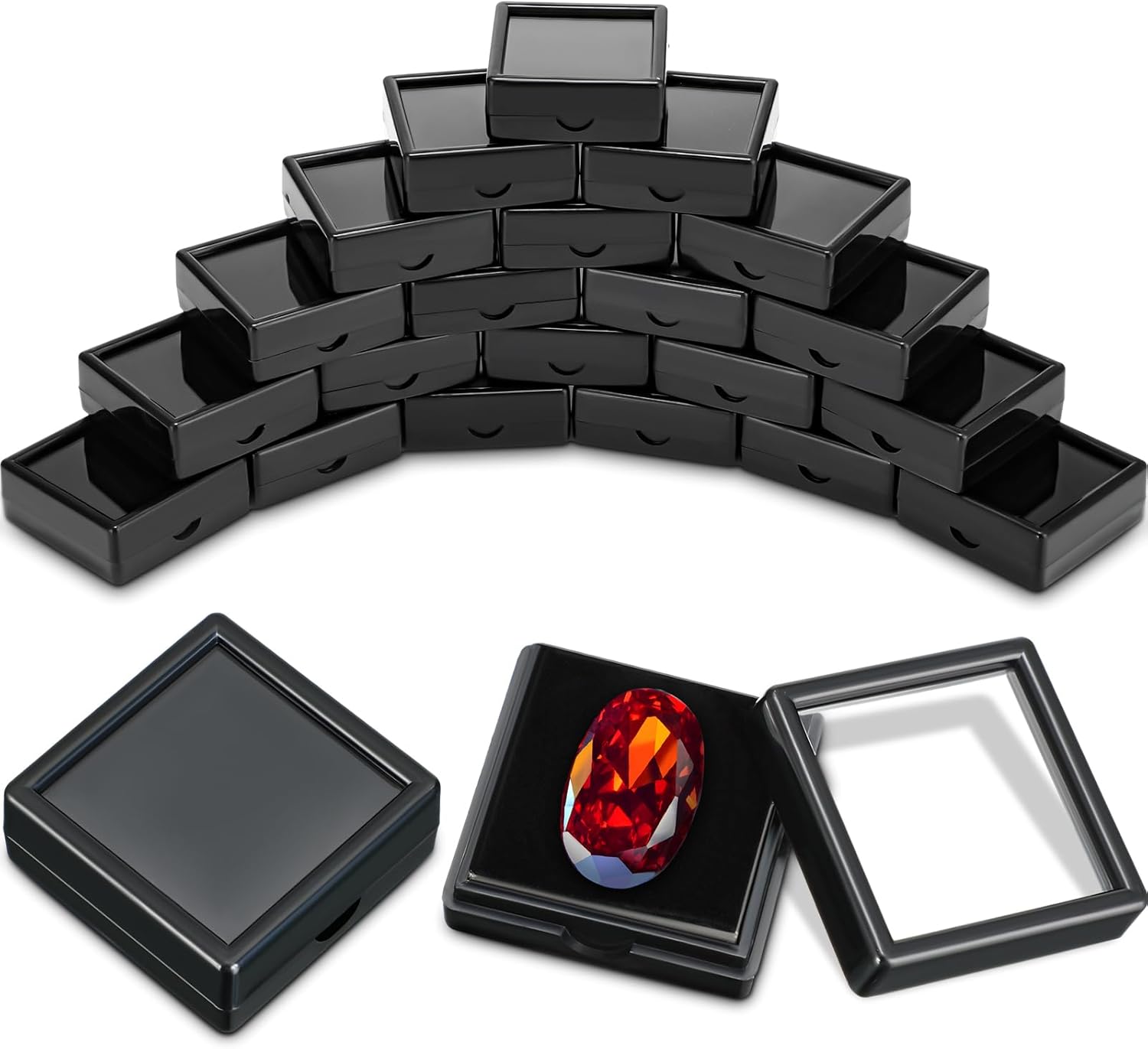 Kigley 30 Pcs Gemstone Display Box Jewelry Box Container with Clear Top Lids Bulk 1.57'' x 0.6'' for Gems Diamond Coins Gift Packing Ring Home Shop (Black)