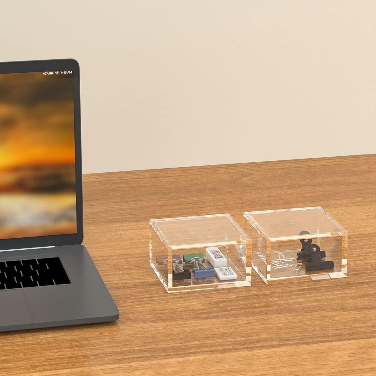 ODM AITEE Acrylic Box with Lid, Clear Cube Display Case, Multi-Purpose Box Square Container for Holding Staples, Highlighters, Adhesive Tape, Paper Clips, Stamps, Display in Office or Home (Medium) Custom Logo Service
