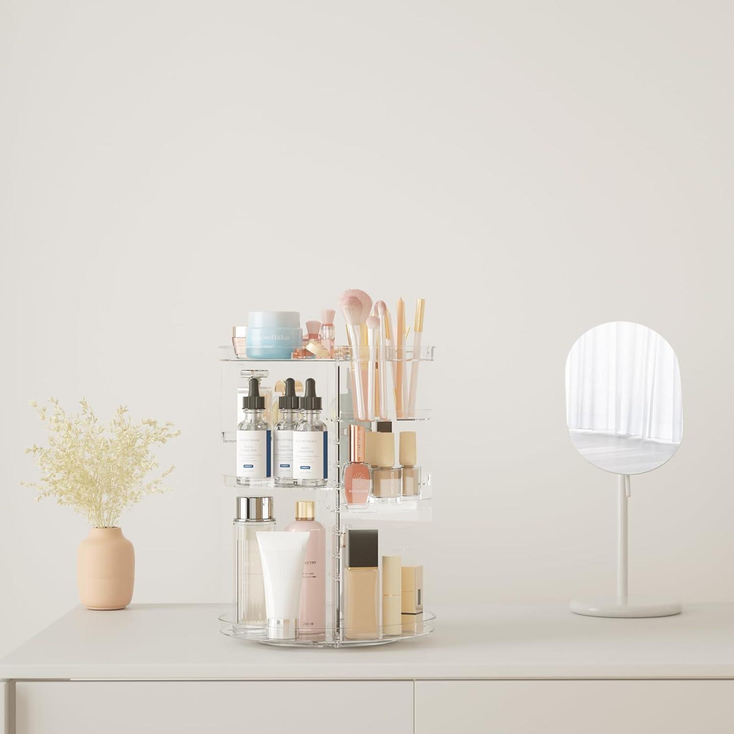 Private Label Rotating Makeup Organizer, DIY 8 Adjustable Layers Spinning Skincare Organizer, Cosmetic Display Case with Brush Holder Perfume Tray, Multi-Function Storage Carousel for Vanity Bathroom Countertop Factory Direct Price