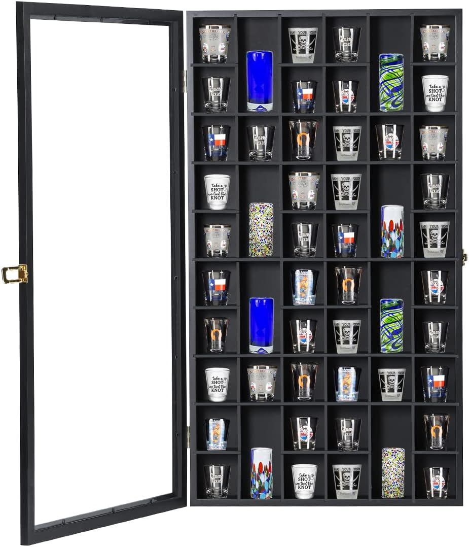 Shot Glass Display Case Large Wooden Cabinet Rack Holder Wall Mounted Black Shadow Box Lockable with UV Protection Acrylic Glass Door Shot Glass Storage Case with Removable Shelves, 17"x32", 52 Slots