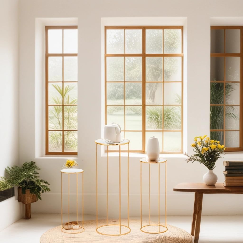 Private Label 3pcs Gold Metal Plant Stand, Cylinder Pedestal Stands for Parties, Metal Plant Columns Pedestal Stands for Display, Round Cylinder Columns tables for Weddings Cake Stand Floor Plant Tables OEM Wholesale Manufacturer