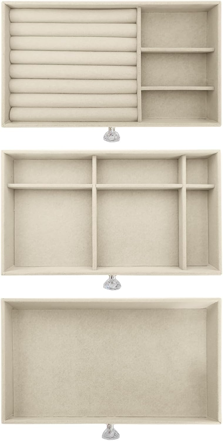 Direct Manufacturer Clear Acrylic Velvet Jewelry Organizer with 3 Drawers, Stackable Display Storage Earrings Necklace Rings Bracelets Box Holder Case for Women, Beige Low MOQ