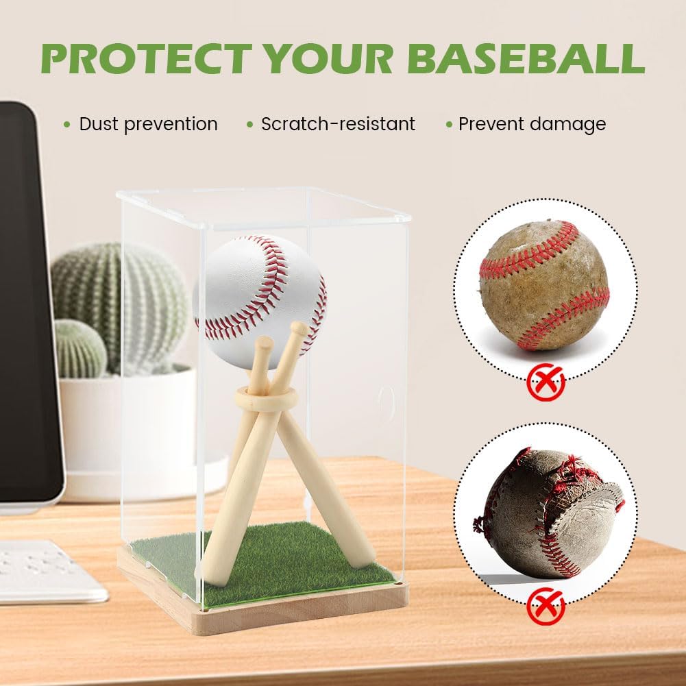ODM Baseball Display Case with Stand Holder, Acrylic Box with Grass Pad Memorabilia Showcase Holder, Wooden Base for Balls, Autographed/Memorabilia Signed Baseball Clear Case Cube(Color:Clear) Custom Logo Service