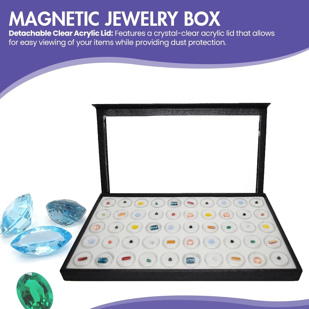 Direct Manufacturer Novel Box Large Jewelry Display Case 14.75x8.25x1.15 + 50 Gems Jars - Magnetic Jewelry Box Detachable Clear Acrylic Lid & White Tray Foam Liner - Rock Storage Box - Display Box for Collectibles Low MOQ