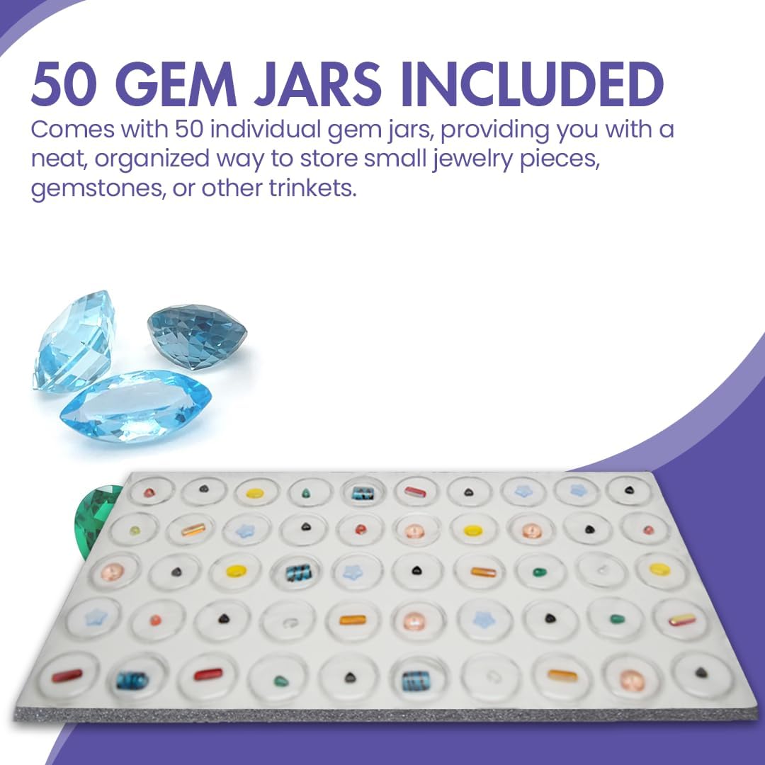 Direct Manufacturer Novel Box Large Jewelry Display Case 14.75x8.25x1.15 + 50 Gems Jars - Magnetic Jewelry Box Detachable Clear Acrylic Lid & White Tray Foam Liner - Rock Storage Box - Display Box for Collectibles Low MOQ