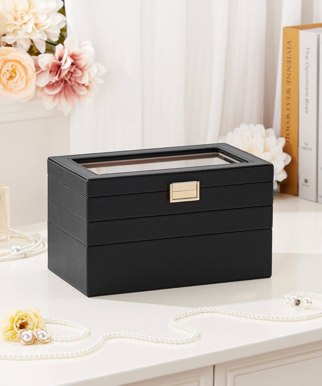 Direct Manufacturer Homde Jewelry Tray Stackable Jewelry Box with Glass Lid, Removable Dividers for Vanity Table Gift Idea for Girls and Women (Black) Low MOQ
