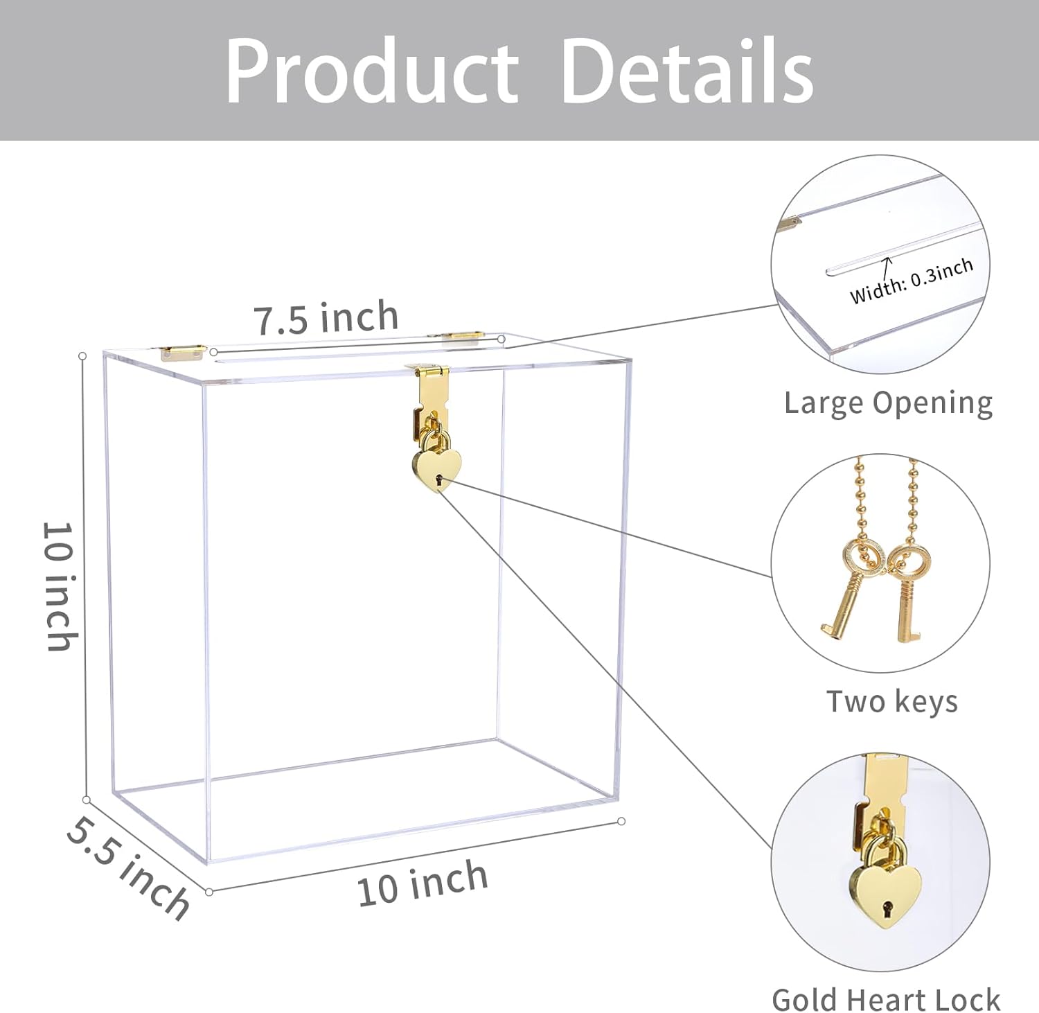 Private Label UNIQOOO Modern Clear Acrylic Card Box with Gold Heart Lock, Customize Thick Blank Wedding Box No Print w/Slot, Large 10x10x5.5 in, for Reception Decoration Fundraiser Wishing Well Box Election Ballot Wholesale Manufacturer