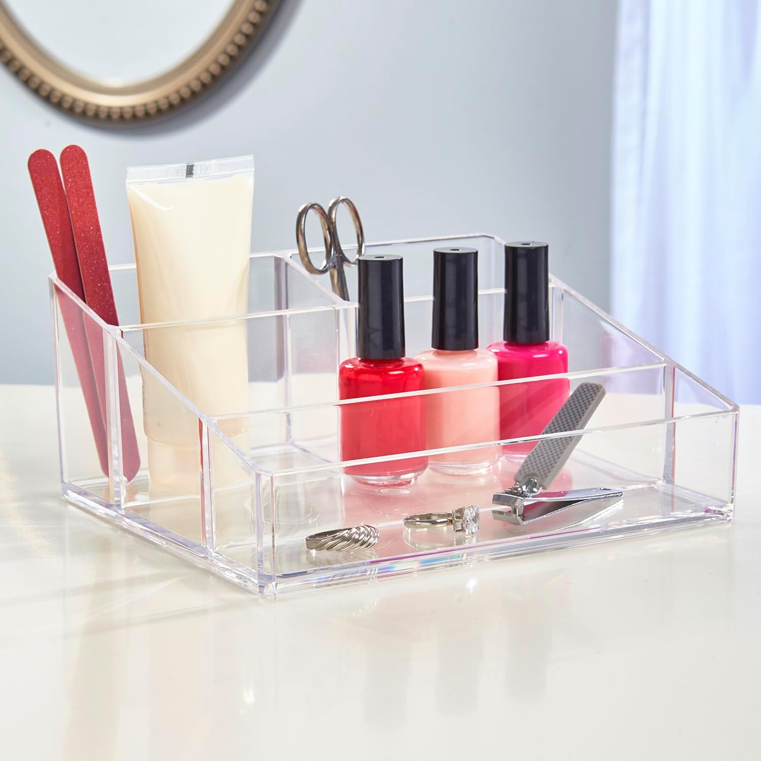 Private Label STORi Clear Plastic Vanity Makeup Organizer | Compact Rectangular 4-Compartment Holder for Brushes, Eyeshadow Palettes, & Beauty Supplies | Made in USA Custom Logo Service
