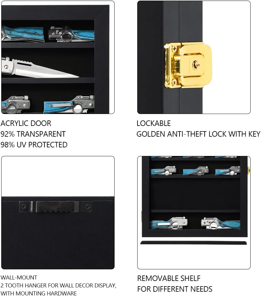 Private Label Pocket Knife Display Case Knife Collection Display Box for Wall Folding Knife Cabinet with Uv Protection Acrylic Lockable for Military Knife Black Custom Mold Development