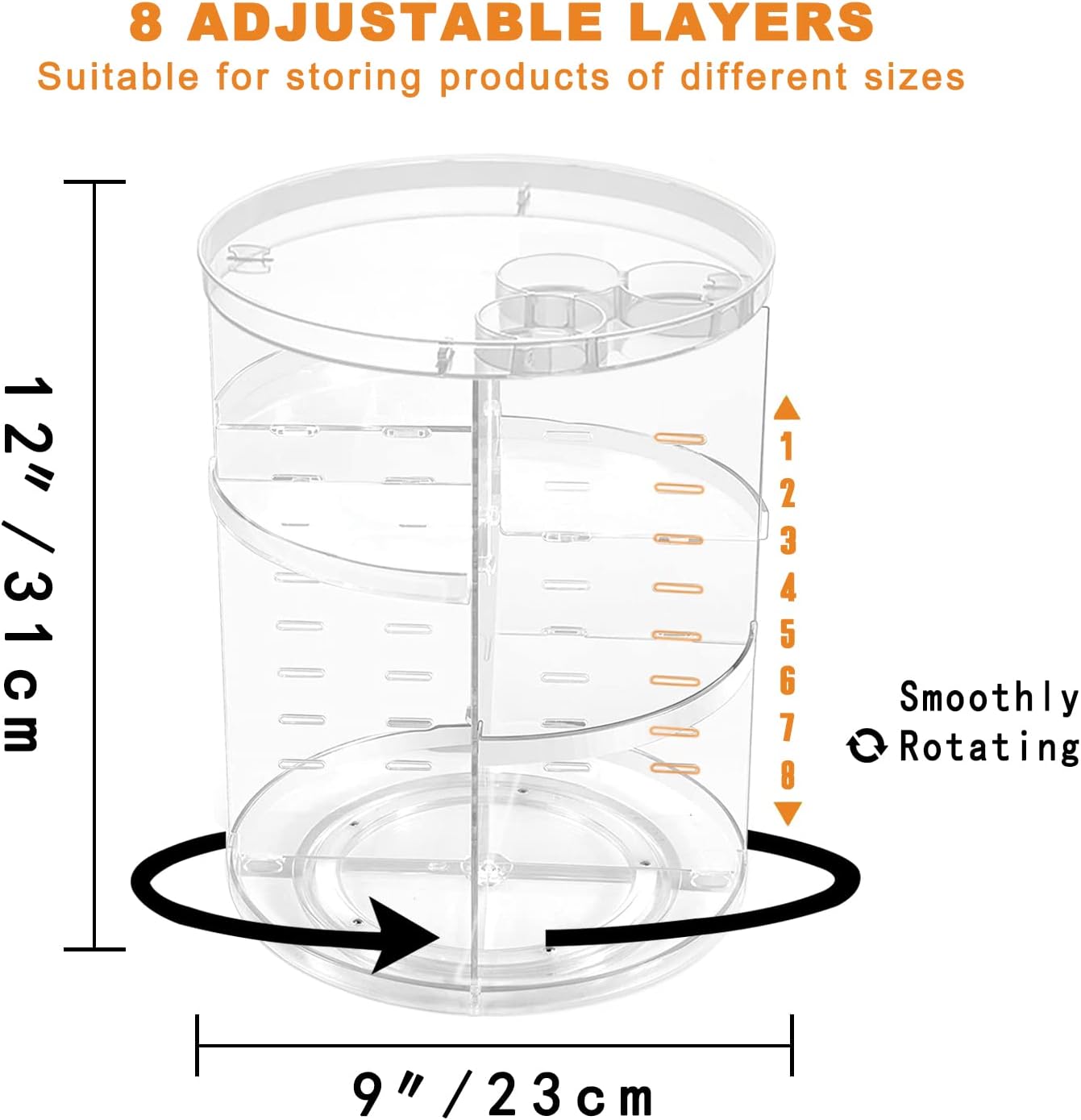 Private Label Rotating Makeup Organizer, DIY 8 Adjustable Layers Spinning Skincare Organizer, Cosmetic Display Case with Brush Holder Perfume Tray, Multi-Function Storage Carousel for Vanity Bathroom Countertop Factory Direct Price