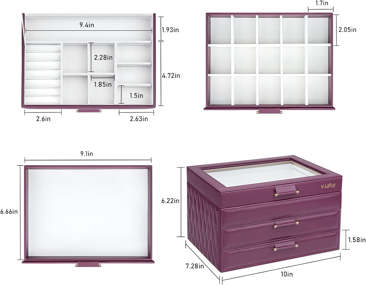 Direct Manufacturer Jewelry Organizer Jewelry Boxes for Women, Jewelry Box Clear Acrylic Lid 3-Tier with 2 Drawers, Gift for Women Storage Earring Necklace Watch Bracelet and Rings, Burgundy Red Low MOQ
