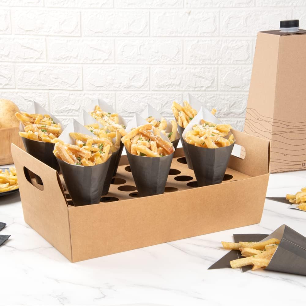 Private Label Restaurantware Cone Tek 14.2 x 8.3 x 5.9 Inch Paper Cone Holders 10 Sturdy Cone Holders - With Handles 30 Slots Kraft Paper Confetti Cone Stand Box Tray For Weddings or Parties Wholesale Manufacturer