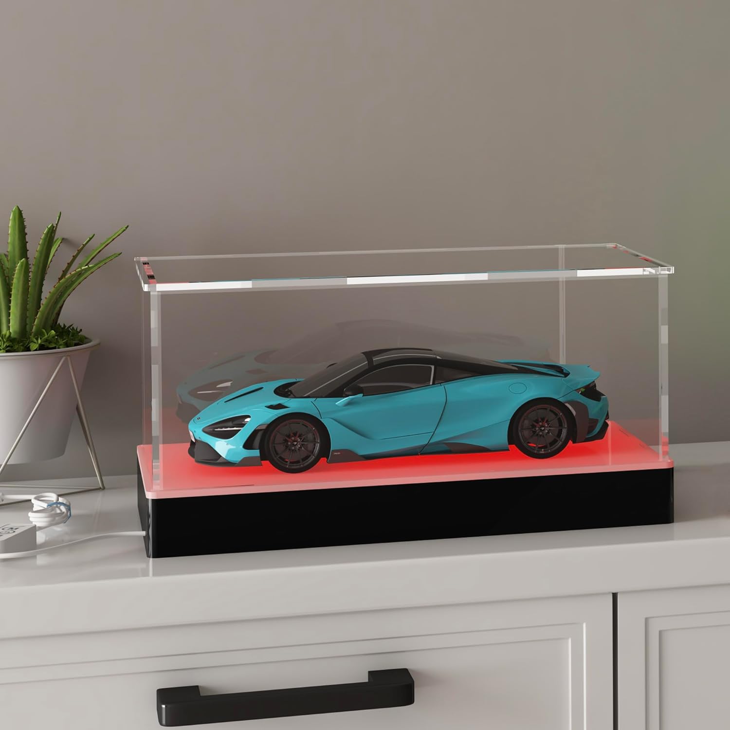Private Label Rectangle Light Up Acrylic Display Case with RGB LED Lighted Base & Ball Holder, App & Controller, 16 Million Colors, Music Sync & Timer, Showcase 1/18 1/24 Model Cars and Collectibles Ecommerce Ready Product