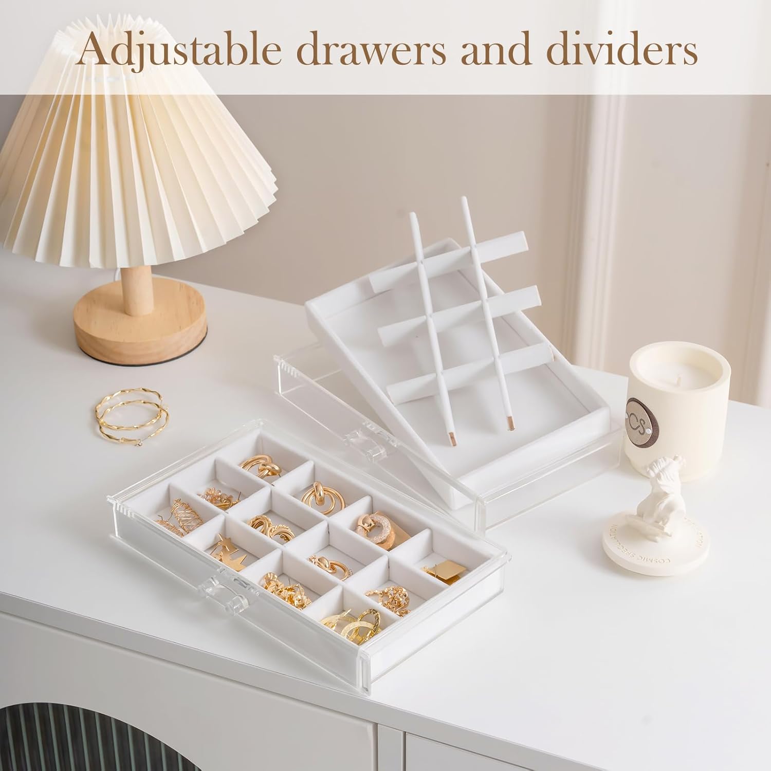 Direct Manufacturer Lolalet Earring Holder Organizer Box Jewelry Storage with 4 Drawers, Clear Acrylic Stackable Earring Case with Adjustable Velvet Trays for Women on Dresser Vanity -Warmwhite, 4 Layers Low MOQ