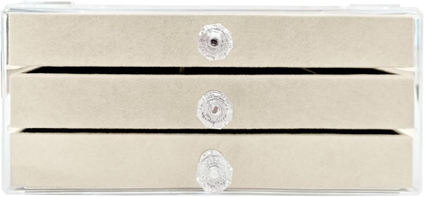 Direct Manufacturer Clear Acrylic Velvet Jewelry Organizer with 3 Drawers, Stackable Display Storage Earrings Necklace Rings Bracelets Box Holder Case for Women, Beige Low MOQ
