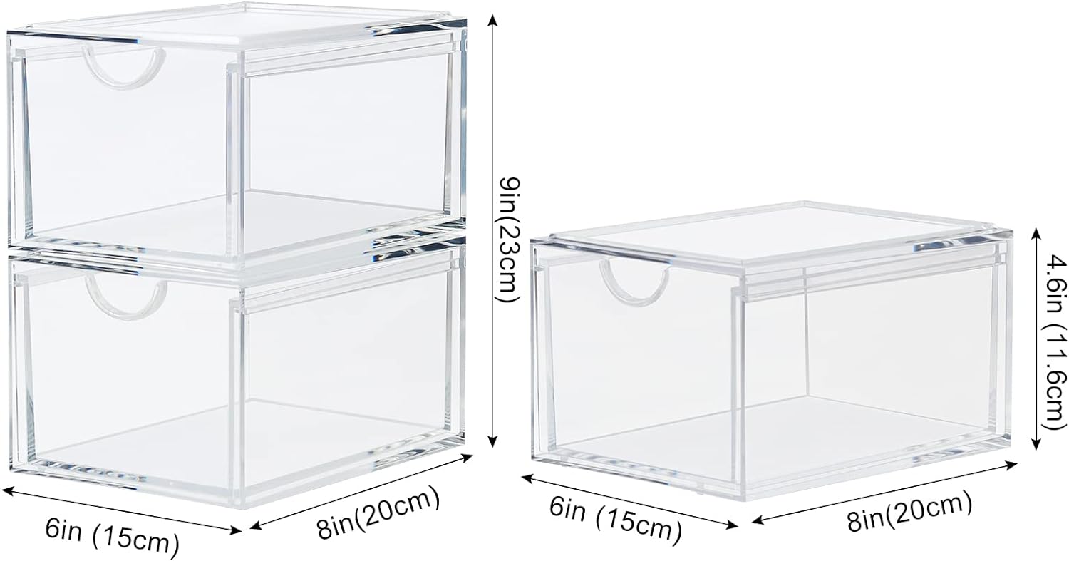 Private Label 2 Pack Stackable Cosmetic Organizer Drawers, Clear Acrylic Makeup Storage Organizer Box, Plastic Storage Bins Vanity Container for Bathroom Countertop, Bedroom Dresser, Kitchen Cabinets Custom Logo Service