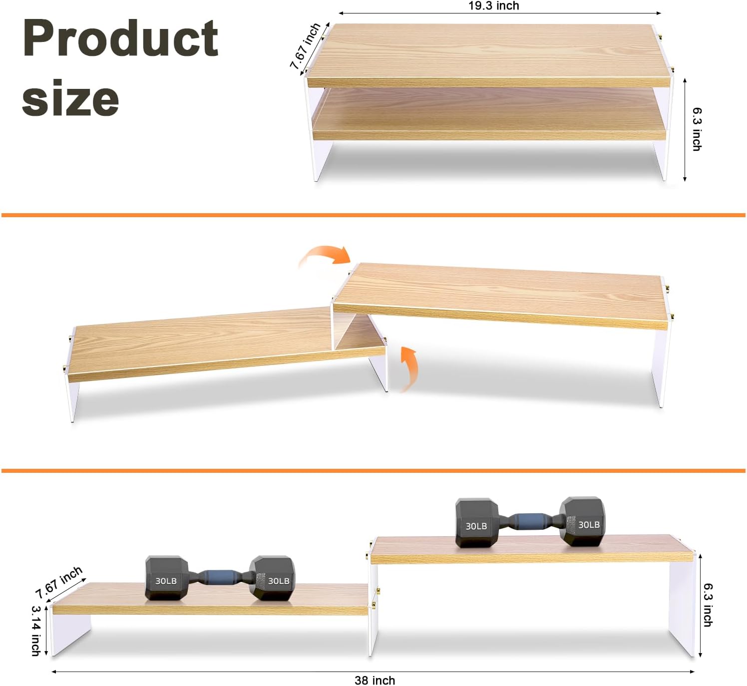 Private Label YGYQZ Wood Adjustable Monitor Riser for Desk, 2 Tier Dual Monitor Stand with Acrylic Legs Office Desk Shelf Organizer for Laptop, PC, Printer, Computer (wood-flat) OEM Wholesale Manufacturer
