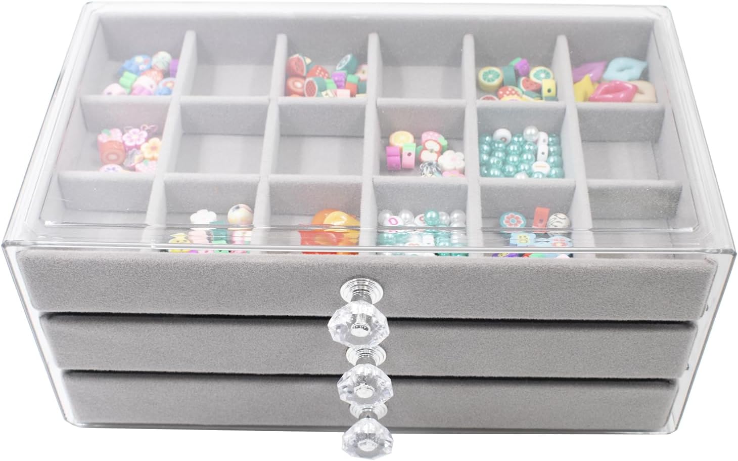 Jewelry Box with 3 Drawers, Acrylic Earring Holder Organizer with Flannel Trays, Clear Jewelry Organizer for Women Girls, Display Holder for Earrings Ring Bracelet Necklace, Gray, 3 Layers