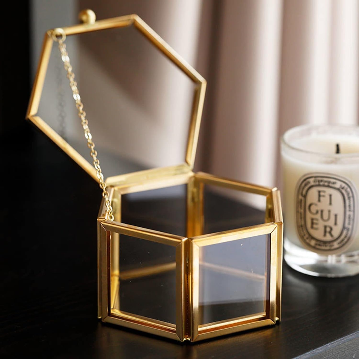 Vintage Glass Jewelry Box - Hexagon Gold Glass Keepsake Box for Storage Ring Earring Trinket, Jewelry Organizer and Decorative Gift for Women and Girls