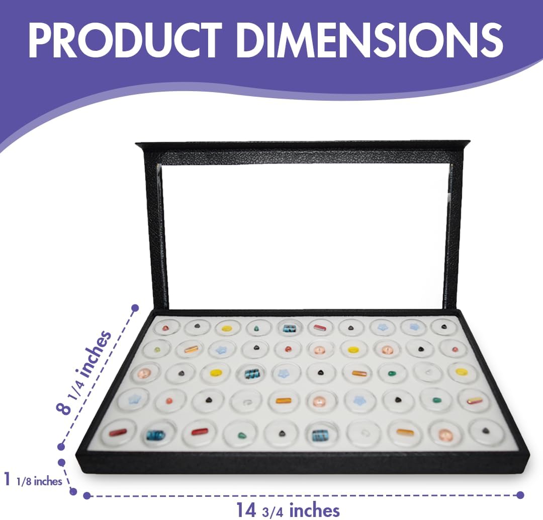 Direct Manufacturer Novel Box Large Jewelry Display Case 14.75x8.25x1.15 + 50 Gems Jars - Magnetic Jewelry Box Detachable Clear Acrylic Lid & White Tray Foam Liner - Rock Storage Box - Display Box for Collectibles Low MOQ