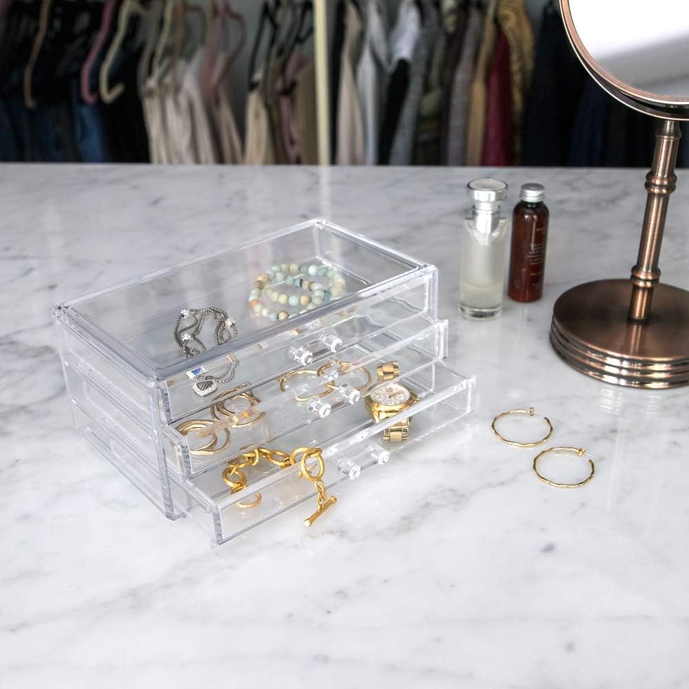 Direct Manufacturer Isaac Jacobs Clear Acrylic 3-Drawer Stackable Jewelry Organizer, Cosmetic & Makeup Case with 3-Drawer Trays, Made for Bedroom, Bathroom, Countertop & Dresser Low MOQ