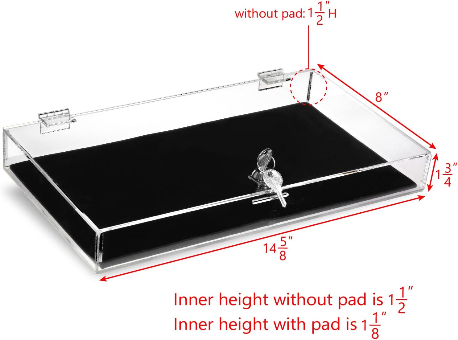 Private Label MOOCA Acrylic Rectangular Marketing Holder Locking Security Showcase Safe Box Display Tray, Perfect for Watches Jewelry, Knives, Eyewear with a Key and a Black Padding Custom Mold Development