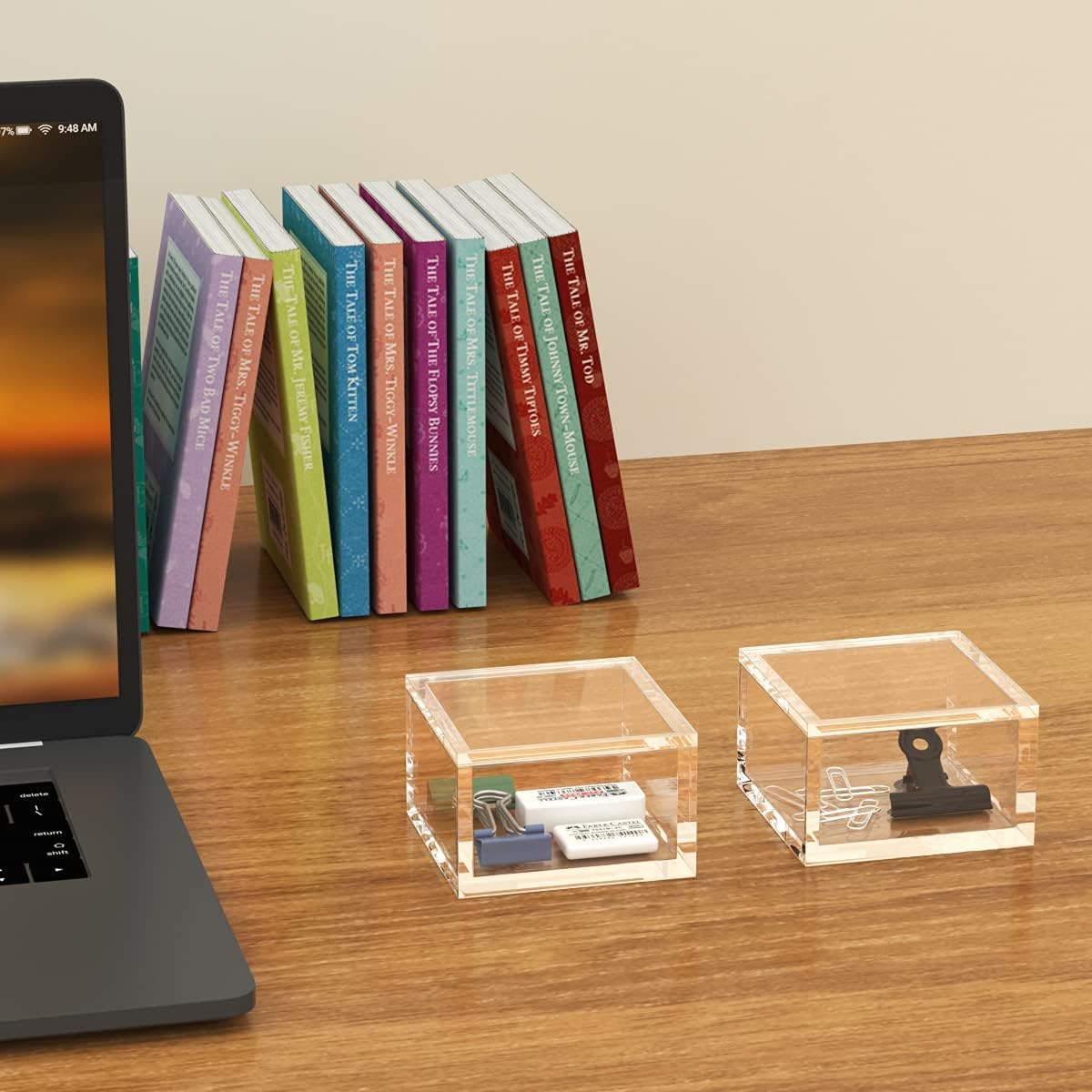 Private Label AITEE Small Acrylic Box with Lid, Clear Cube Display Case, Multi-Purpose Box Square Container for Holding Staples, Highlighters, Adhesive Tape, Paper Clips, Stamps, Display in Office or Home (Small) Custom Logo Service