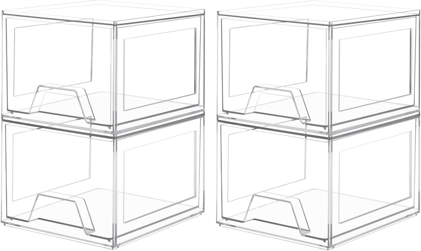 4 Pack Stackable Organizer Drawers, 4.4" Tall Clear Bathroom Makeup Organizer and Storage, Acrylic Small Organizers Bins for Vanity, Undersink, Bathroom, Pantry, Kitchen Cabinets