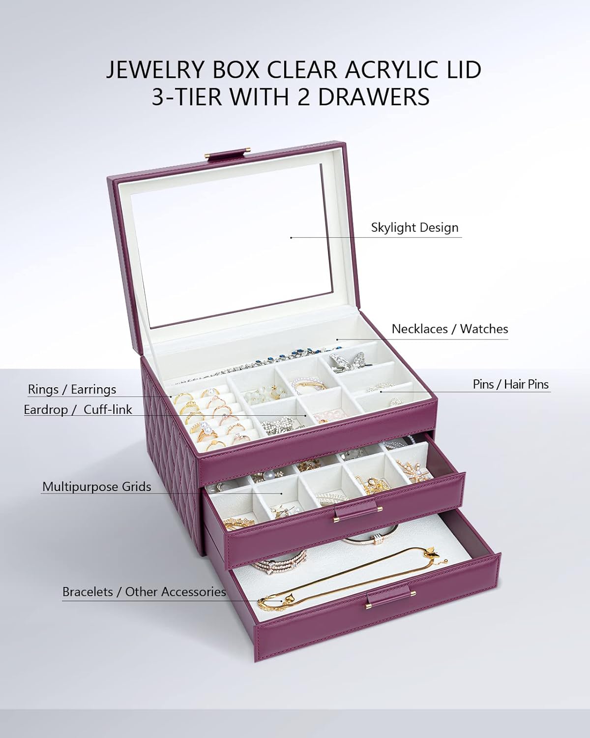 Direct Manufacturer Jewelry Organizer Jewelry Boxes for Women, Jewelry Box Clear Acrylic Lid 3-Tier with 2 Drawers, Gift for Women Storage Earring Necklace Watch Bracelet and Rings, Burgundy Red Low MOQ
