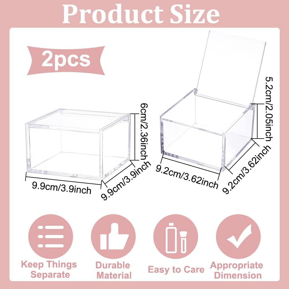 Private Label BENECREAT 2Pcs Acrylic Box with Lid, 4x4x2.3inch Clear Cube Display Case Storage Boxes Organizer Containers for Wedding Birthday Gift Packing Jewelry Office Supplies Storage Custom Logo Service