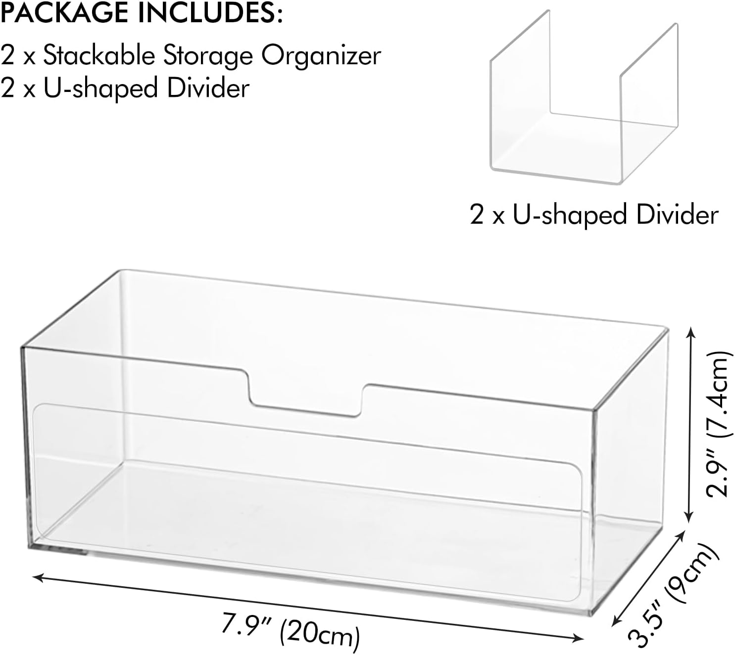 Private Label Poeland 2 Pack Makeup Organizer, Stackable Storage Organizer with U-shaped Removable Divider, Clear Storage Box for Medicine Cabinet, Closet, Bathroom, Counter Custom Logo Service