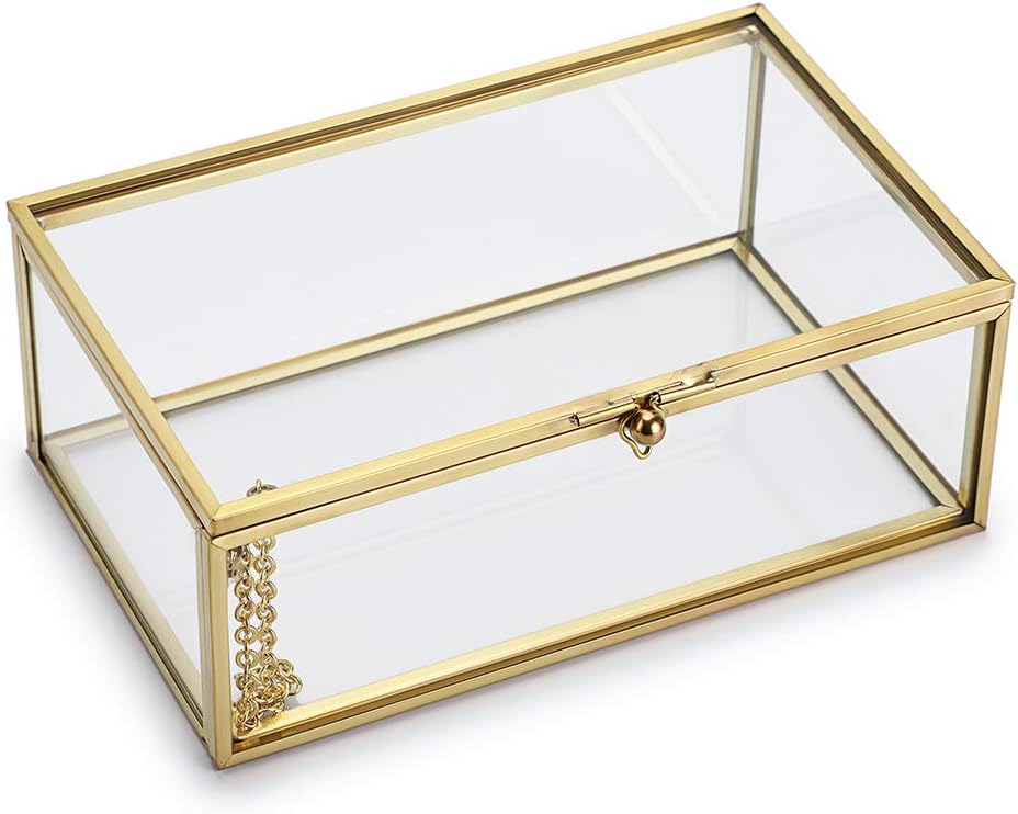 Hipiwe Vintage Glass Keepsake Box, Rectangle Jewelry Display Organizer Box Vanity Lidded Box Home Decor Accent Decorative Box for Storage Trinket Rings Bracelet