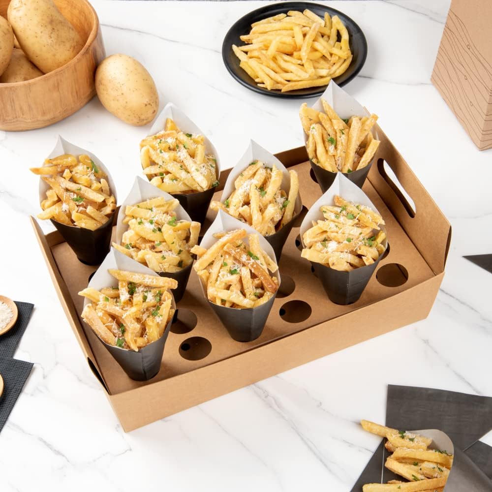 Private Label Restaurantware Cone Tek 14.2 x 8.3 x 5.9 Inch Paper Cone Holders 10 Sturdy Cone Holders - With Handles 30 Slots Kraft Paper Confetti Cone Stand Box Tray For Weddings or Parties Wholesale Manufacturer