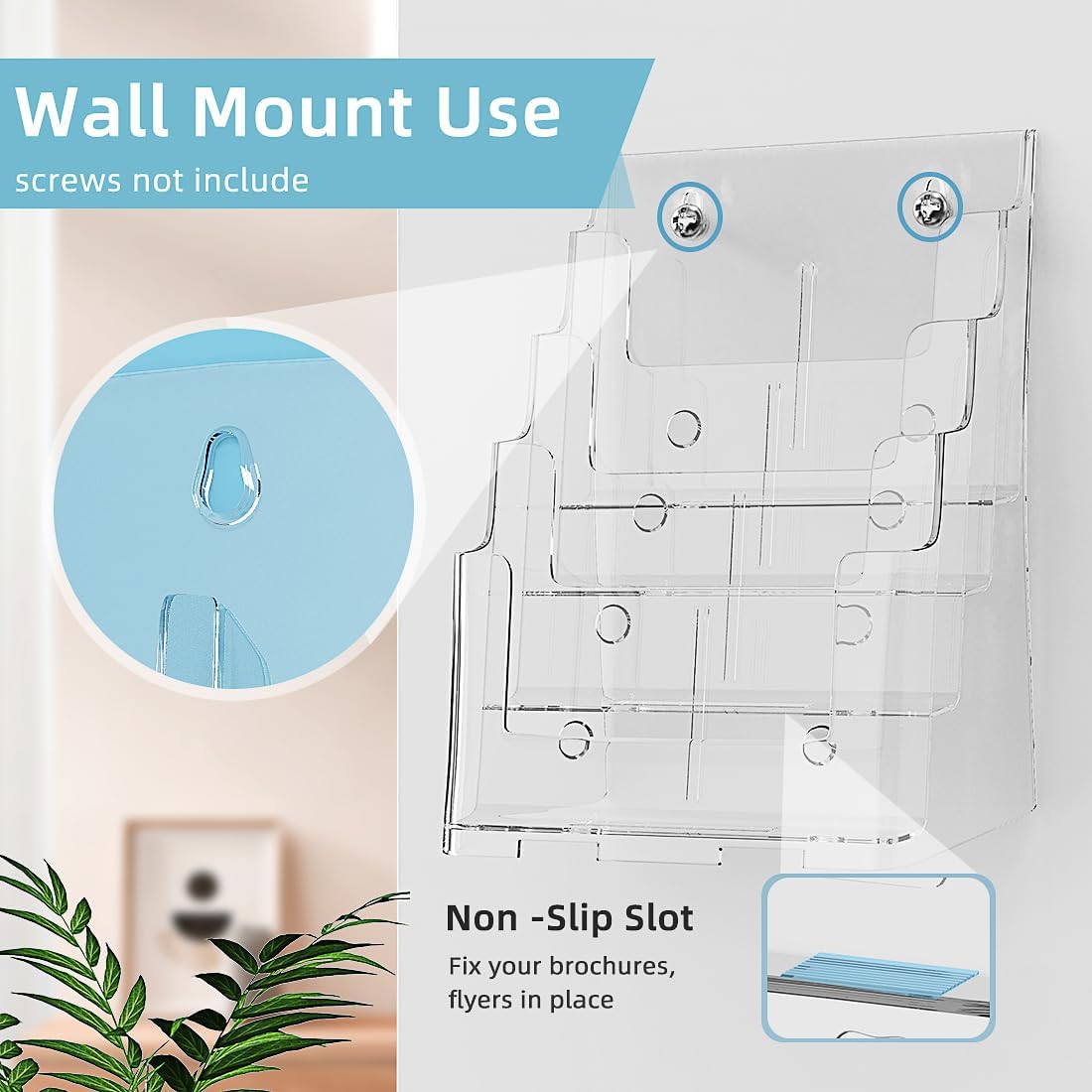 Wholesale Acrylic Brochure Holder 8.5 x 11 inch Brochure Display Stand, Magazine Holder 4 Tier Pamphlet Holder with Removable Divider for 4 x 9 inch Brochures for Wall Mount or Desktop China Factory Bulk Supply