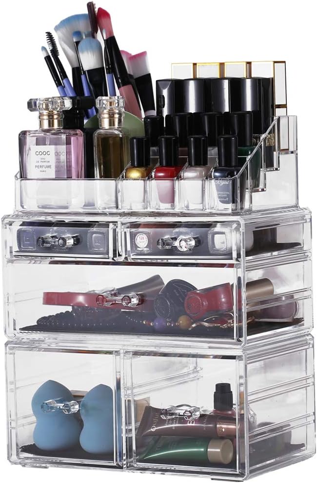 Private Label Sooyee Makeup Organizer,Acrylic Cosmetic Organizer Storage Drawers Jewelry and Cosmetic Display Cases Box(5 Drawers 7 Tiers) 3 Pieces Stackable,Clear Custom Logo Service