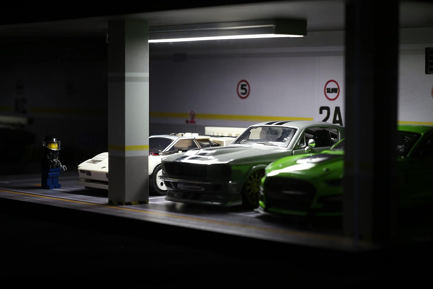 Private Label 1/24 Scale Die-cast Car Garage Display Case with Clear Acrylic Cover and LED Lighting for 4 Parking Space (1:24-4 Parking 2A) Ecommerce Ready Product