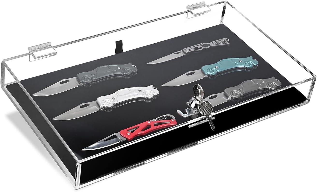 Private Label MOOCA Acrylic Rectangular Marketing Holder Locking Security Showcase Safe Box Display Tray, Perfect for Watches Jewelry, Knives, Eyewear with a Key and a Black Padding Custom Mold Development