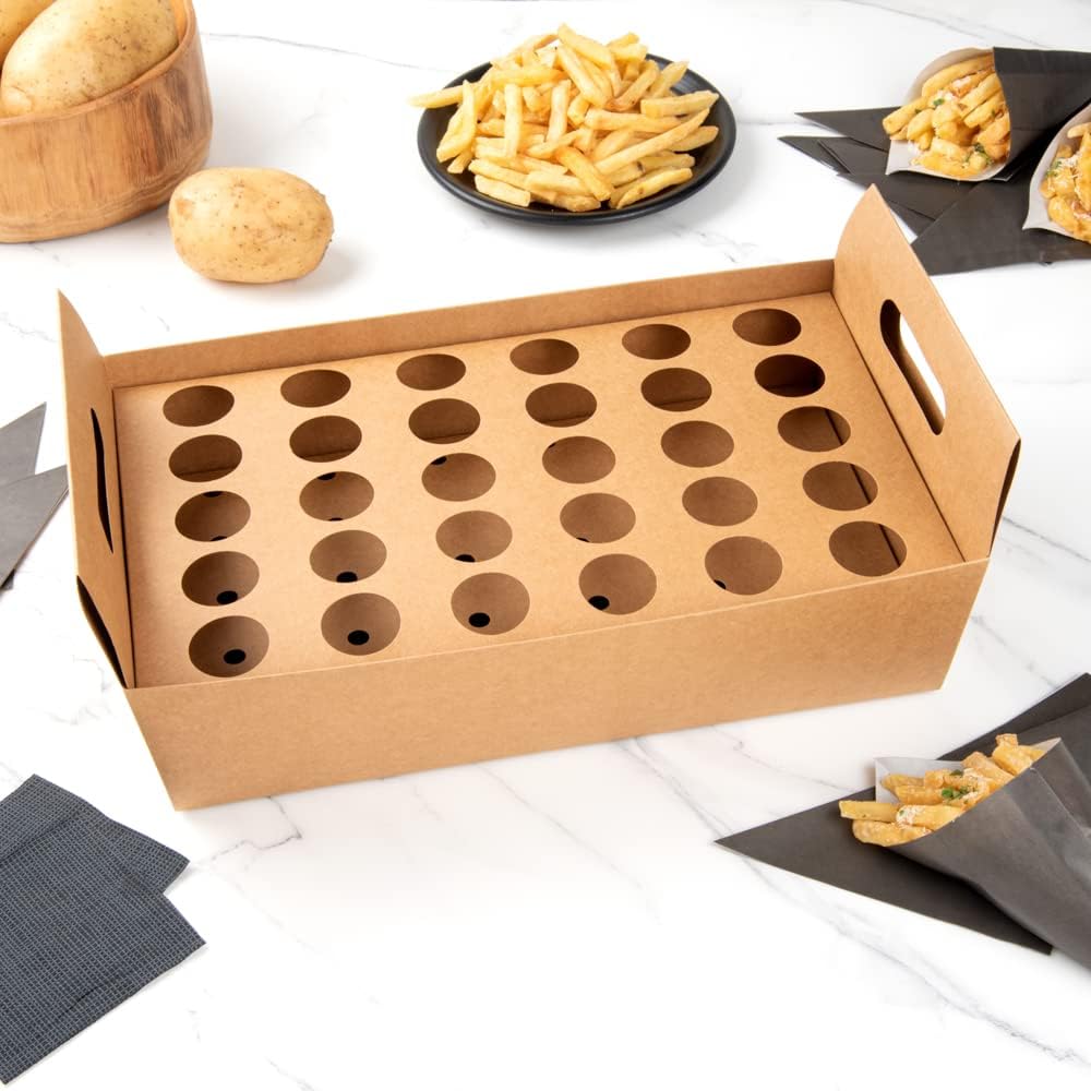 Private Label Restaurantware Cone Tek 14.2 x 8.3 x 5.9 Inch Paper Cone Holders 10 Sturdy Cone Holders - With Handles 30 Slots Kraft Paper Confetti Cone Stand Box Tray For Weddings or Parties Wholesale Manufacturer