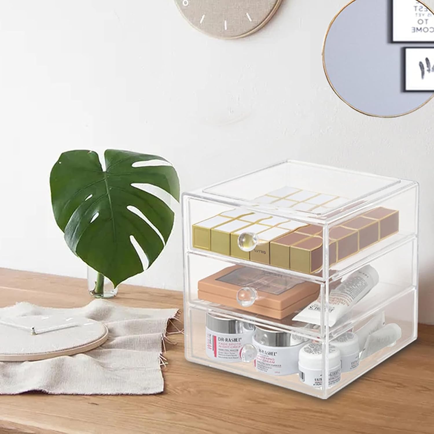 Private Label Makeup Drawer Organizer Box with 3 Drawers, Acrylic Cosmetic Display Case Vanity Organizer Jewelry Storage Box Stackable Storage for Cosmetics, Skin Care, Bathroom, Countertop, Clear Factory Direct Price