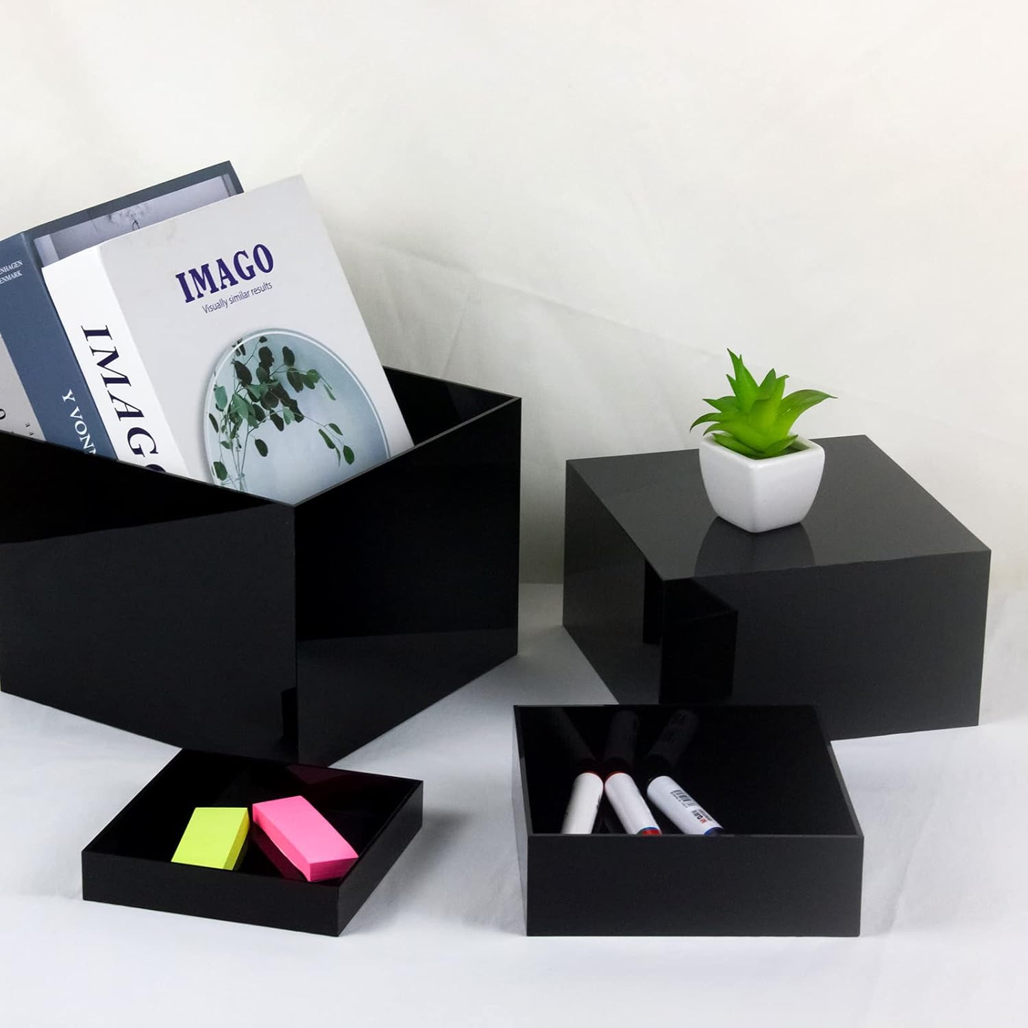 ODM Acrylic Cube Display Boxes Pedestals, Black Platform with Hollow One Open Side, Stackable Nesting Risers Stands Shelf for Collectibles Custom Logo Service