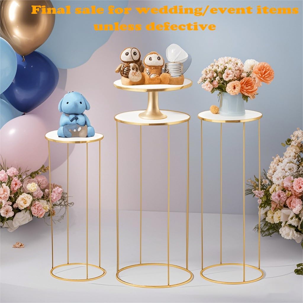 Private Label 3pcs Metal Cylinder Pedestal Stand for Party, Cilindros Para Decoraciones De Fiestas, Round Cake Pedestal Tables for Wedding Display, Event Decor with Floral Plant, Birthday Backdrop- Gold OEM Wholesale Manufacturer