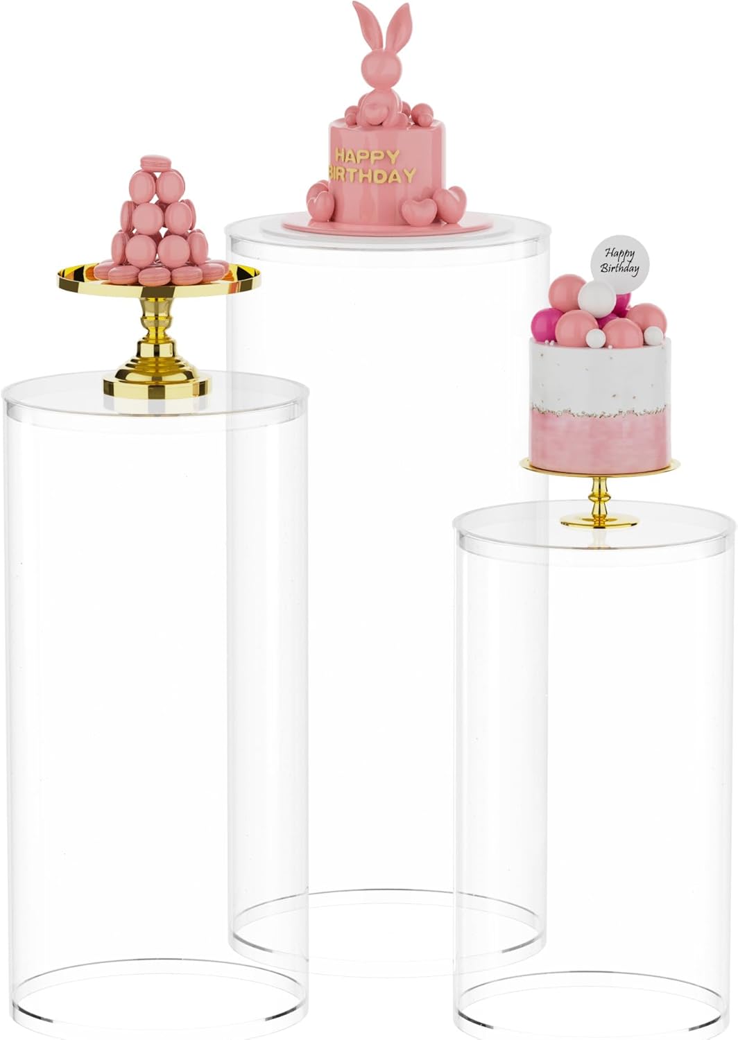 Putros Cylinder Pedestal Stands 3Pcs Clear Round Cylinder Pedestal Display Plinth Pillars for Wedding Party Decor 35.4''(L),29.5''(M),23.6''(S)