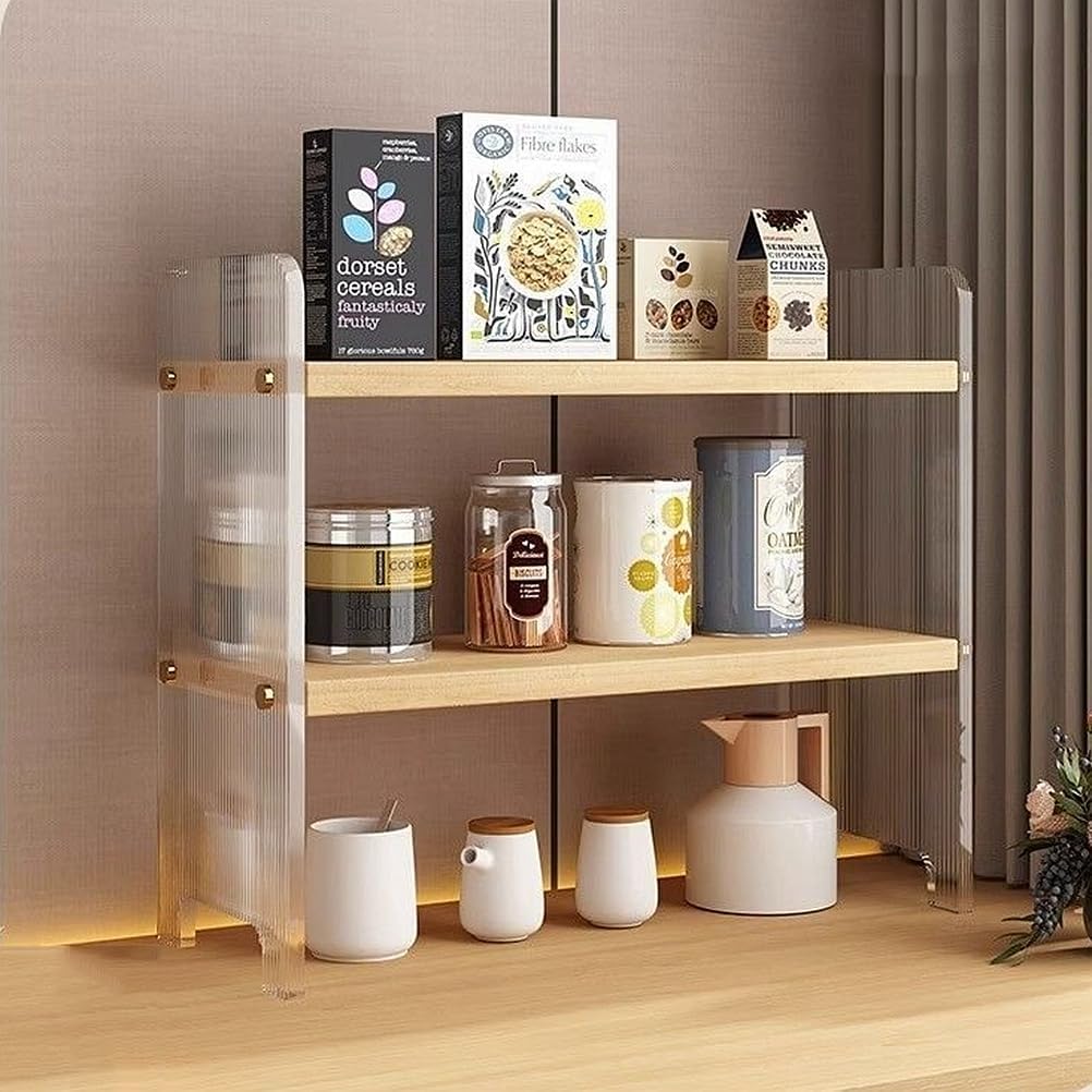 FOTN 2-tier Kitchen countertop spice rack Cup shelf organizer, household Cupboard Cabinet coffee cup mug cup storage rack, simplev desktop acrylic and wood small bookshelf bookcase (2-tier)
