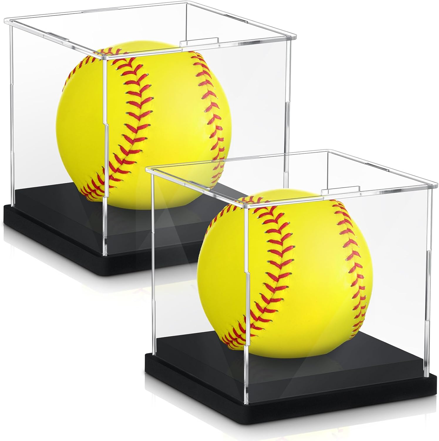 Baderke 2 Pcs Softball Display Case Acrylic Softball Baseball Stand Holder UV Protected Memorabilia Ball Box Clear Display Cube for Sports Ball Storage (Remove The Protective Film Before Use)