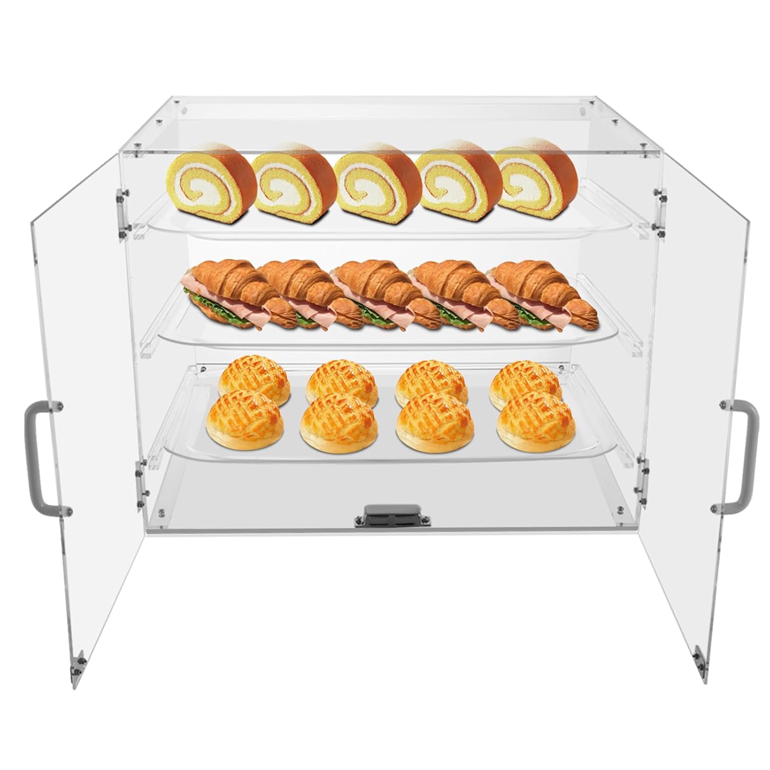 3 Tray Acrylic Display Case, Commercial Countertop Pastry Display Case, w/Rear Door Access & Removable Shelves, Magnetic Door Lock, Acrylic Display Box for Donut Bagels Cake Cookie Keep Fresh
