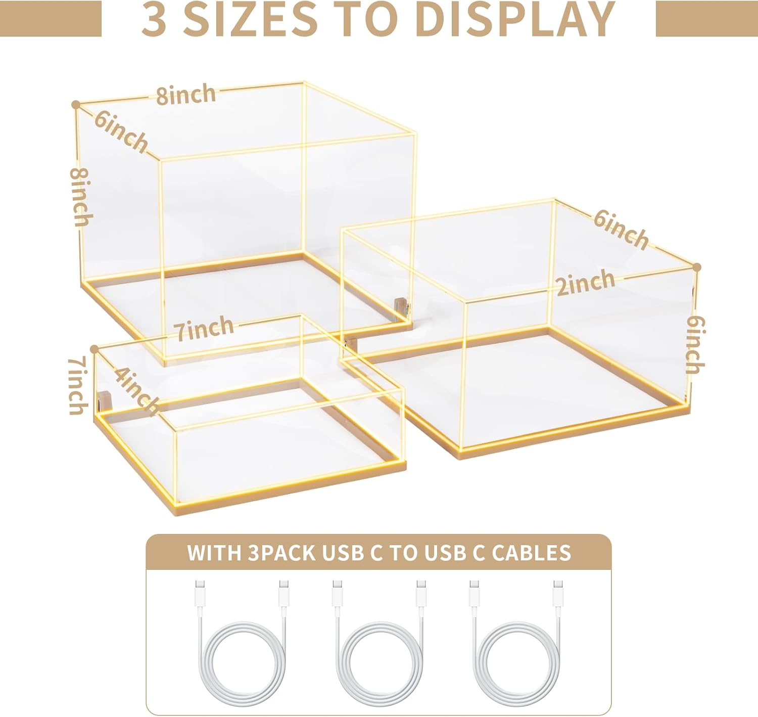 Private Label 3Pcs Acrylic Display Risers with LED light, Acrylic Cube Box Clear Display Stand with Hollow Bottoms for Figures Dessert Jewelry Perfume Handbag (Clear-3pcs) Ecommerce Ready Product