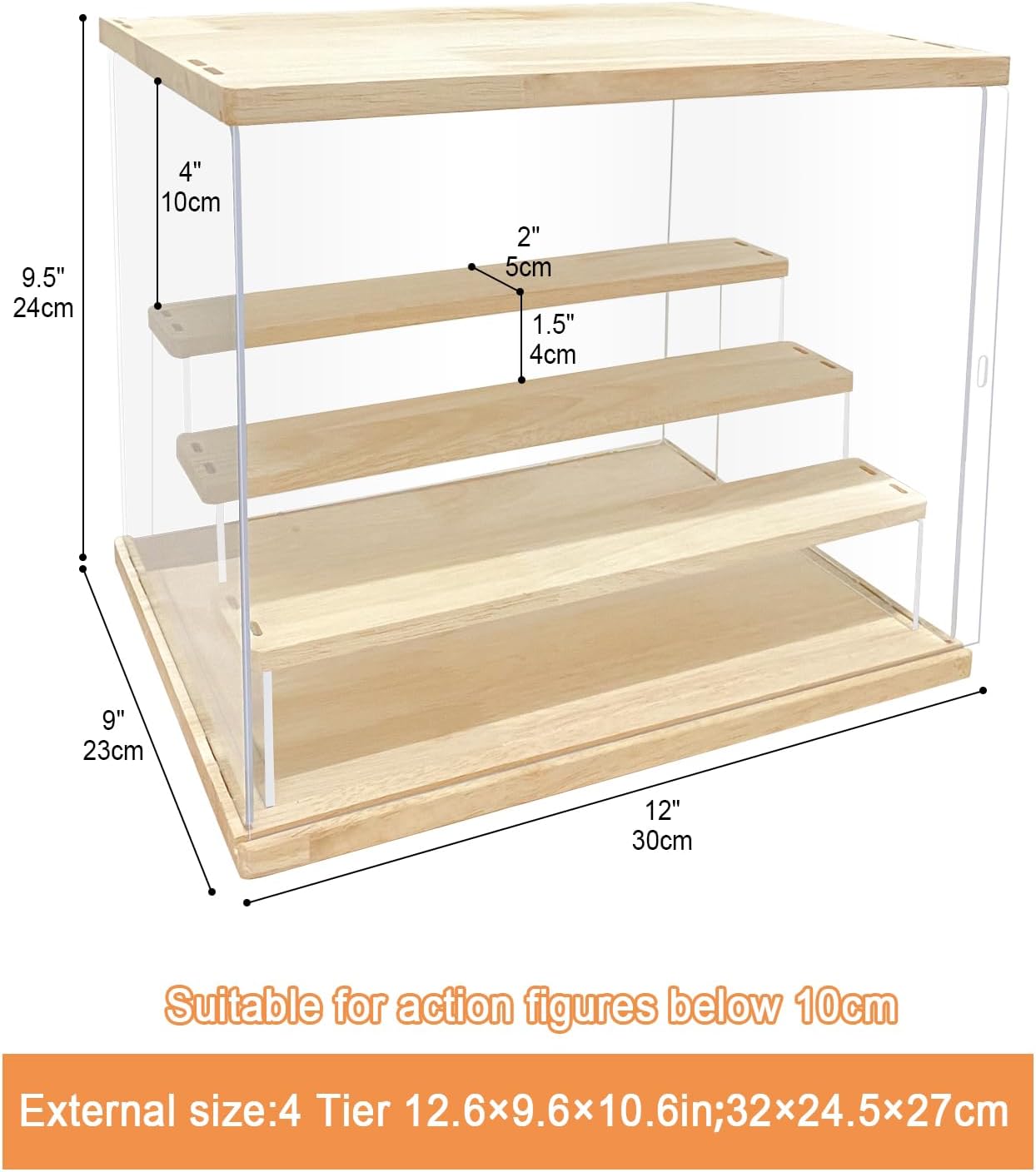 Private Label Clear Acrylic Display Case with Light , 4 Tier Display Box Stand Assembly Dustproof Protection Showcase for Collectibles Action Figures (12.6×9.6×10.6in; 32×24.5×27cm) Ecommerce Ready Product