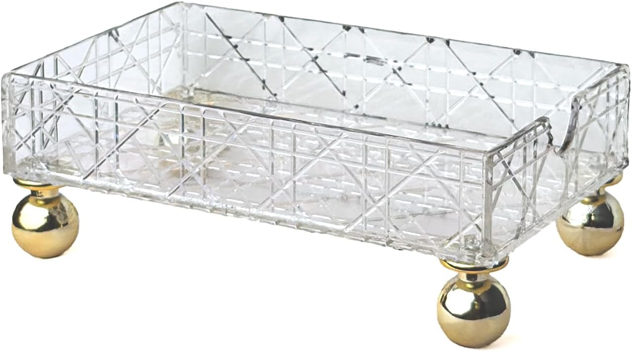 Transparent Makeup Organizer Storage Box Bathroom Counter Organizer Acrylic Vanity Tray with Gold Feet Geometric Texture Waterproof Makeup Organizer Countertop Storage for Hotel Home